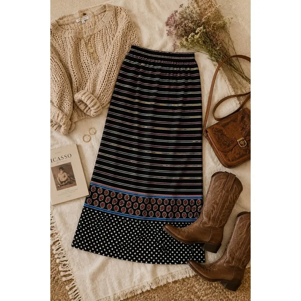 Vintage 70s Miss Charm striped scarf print boho maxi skirt XS S
